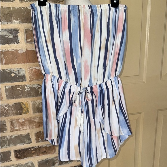 Ocean Drive Blue & Pink Striped Strapless Skort Romper Smocked Waist Tassel Tie - Picture 4 of 12